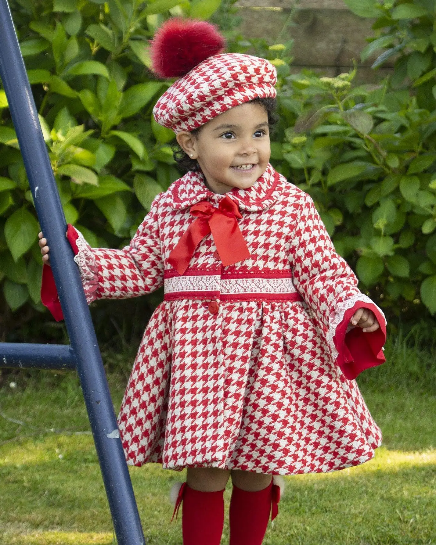 

1-12Y Baby Girl Autumn Winter Red Houndstooth Palace England Spanish Princess Wool Coat for Casual Holiday Party Christmas C257