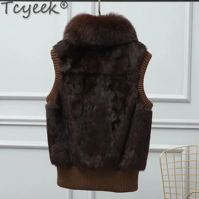 Real Tcyeek Rabbit Fur Vest Autumn Winter Women's Jackets Warm Fox Collar Sleeveless Vests for Women Clothing