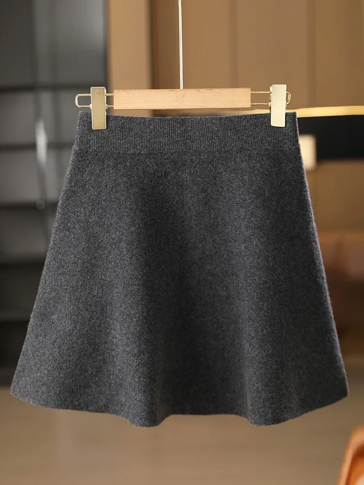 Women Wool Skirt Autumn Winter Elastic Waist Mini A-Line Cashmere Skirt Wool Knitted Above Knee Preppy Style Dress