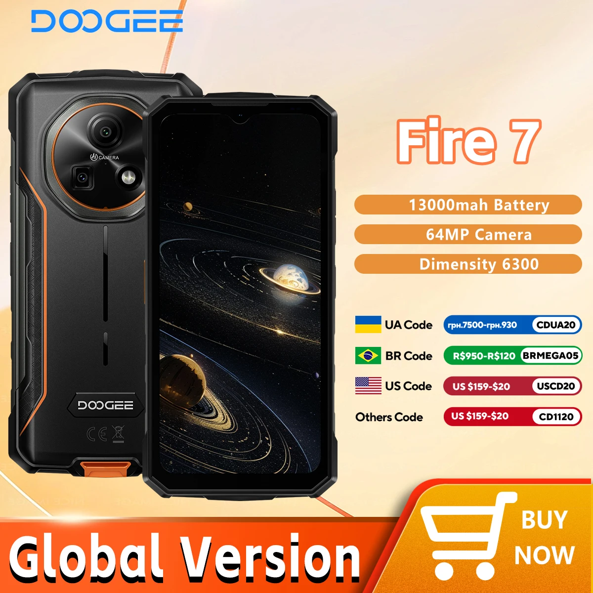 DOOGEE Fire 7 5G Rugged Phone 4GB+256GB 13000mAh Battery Android 15 6.6'' Screen 64MP Camera Dimensity 6300 NFC Smartphone