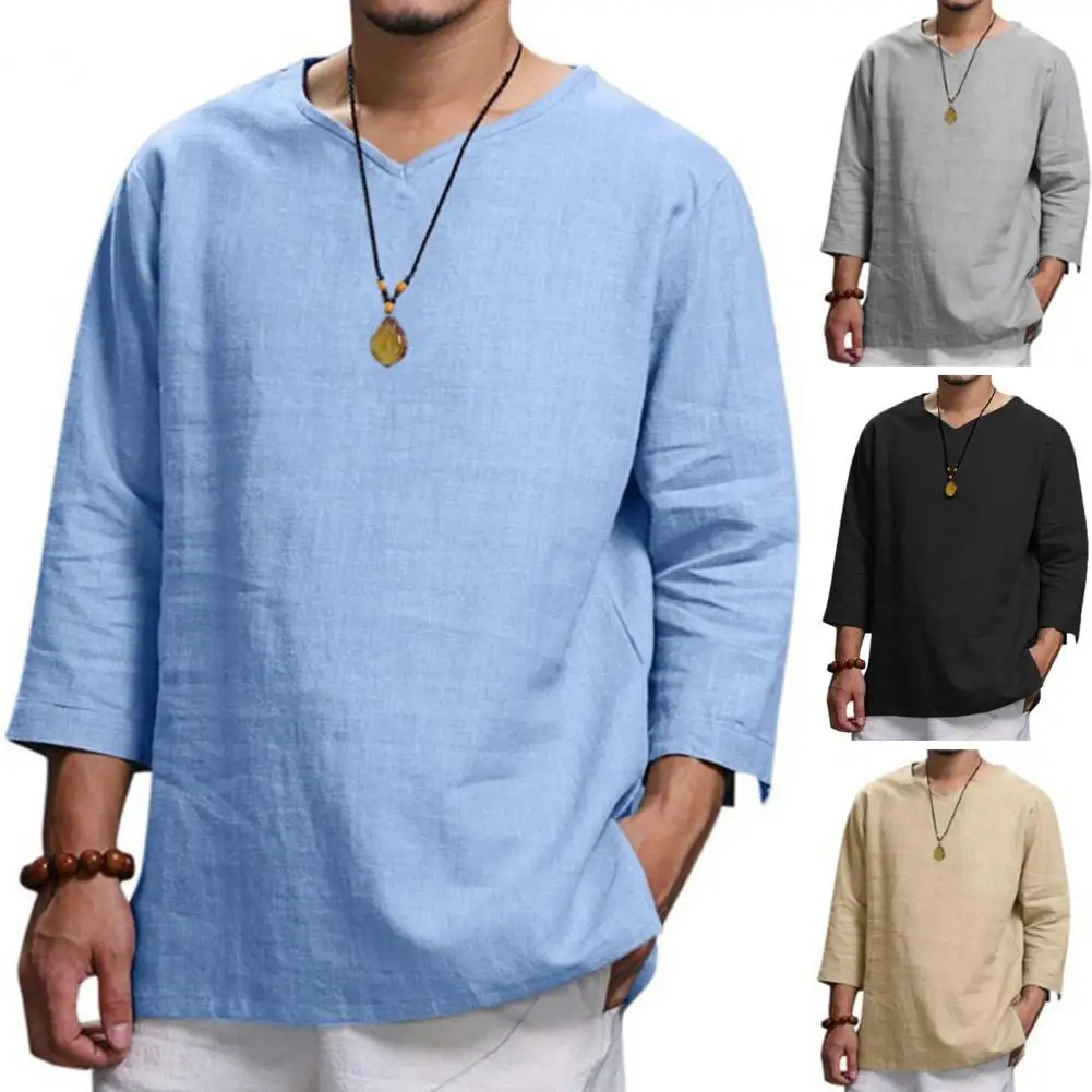 

2024 New Men's Casual Blouse Men Shirt V-neck Long Sleeve Linen Blend Casual Spring Long Sleeves Top Autumn Handsome Men Shirts