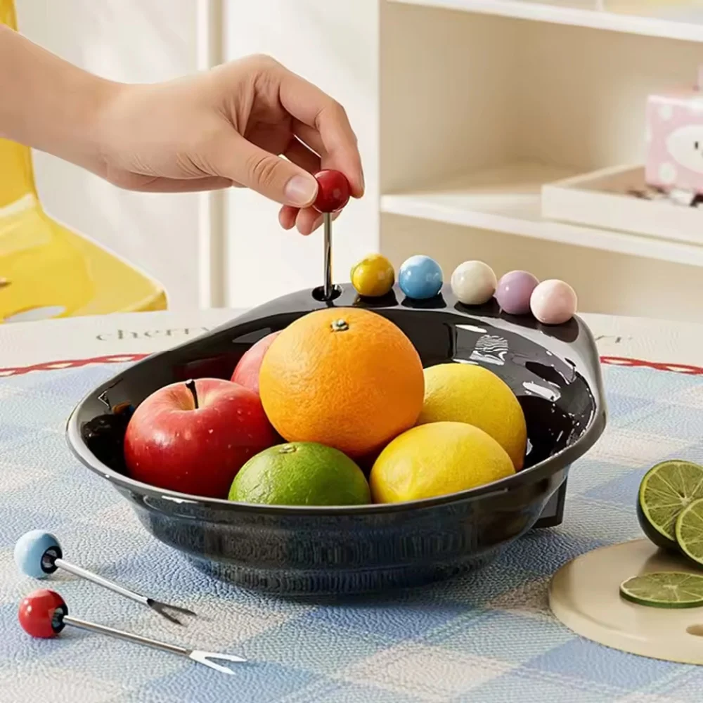 Multicolored ABS plastic snack tray, large capacity fruit bowl with forked design, kitchenware set for salad and snack serving.