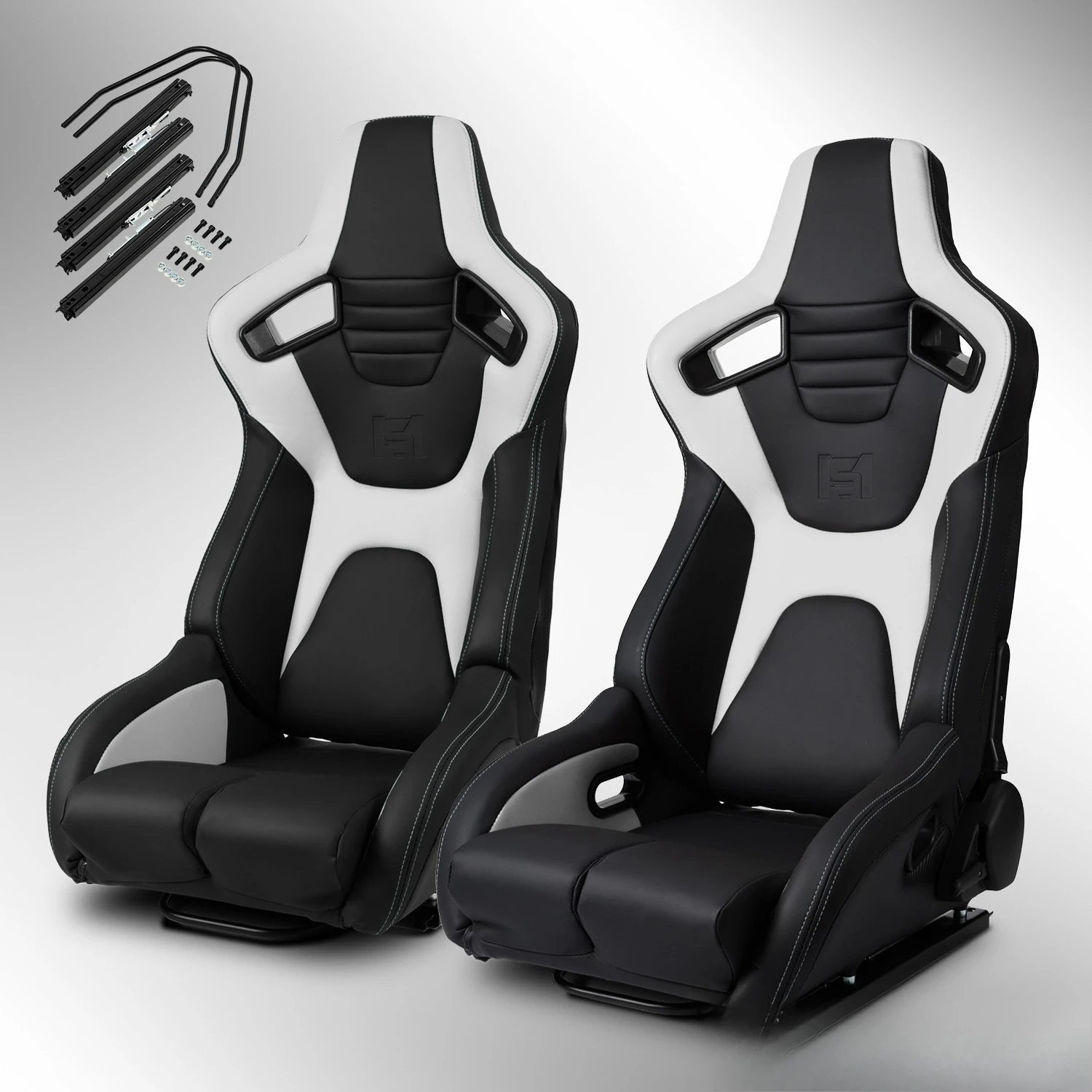 

[Venom Series] PVC Reclinable Black+White Sport Racing Seats Pair With Slider