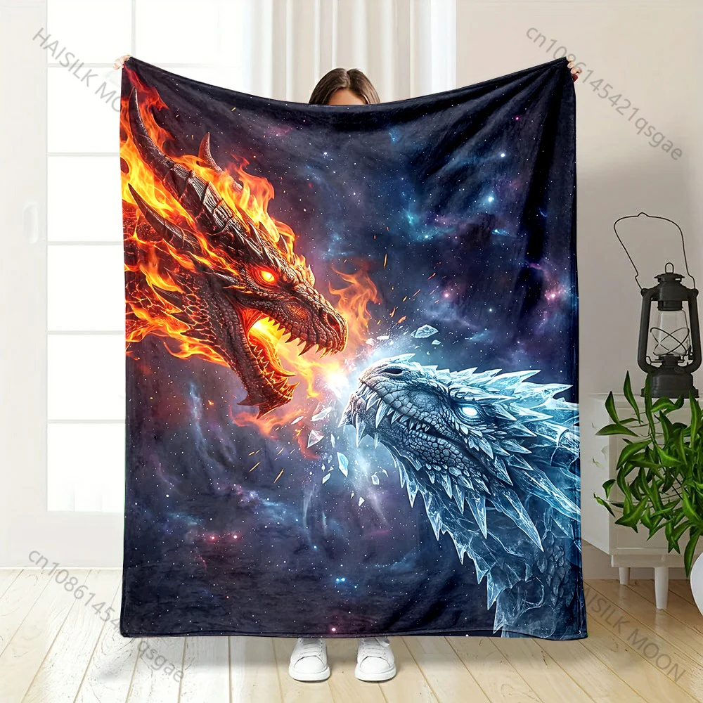 Fiery dragon duels icy dragon space Print Blanket Warm Soft Fluffy Kids Adult Sofa Bed Throw Blanket Outdoor Travel Camping RV