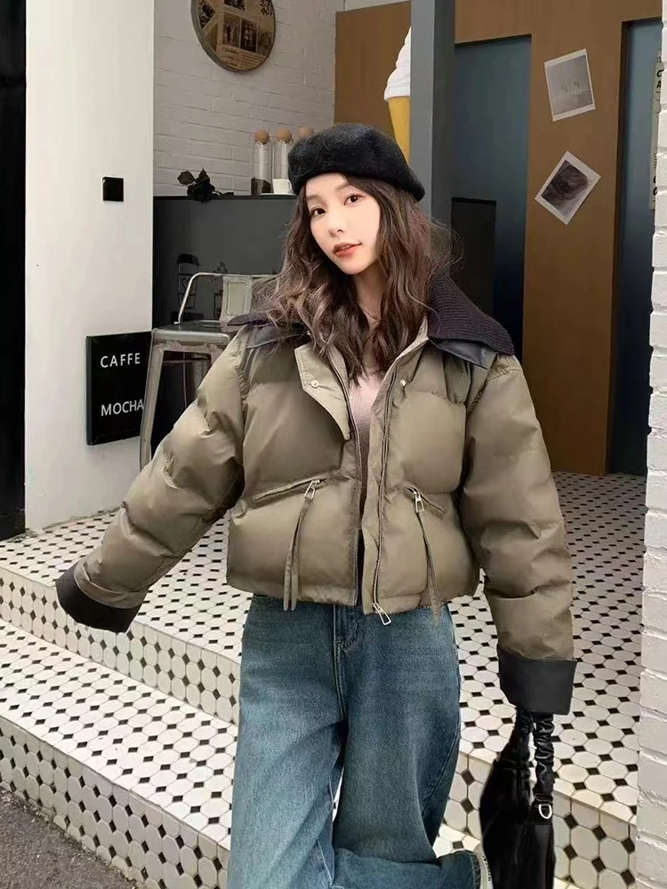 

Зимний вязаный пуховик из искусственной кожи с большими лацканами, женские стеганые куртки с карманами на молнии, женские стеганые куртки на белом утином пуху, верхняя одежда Parker