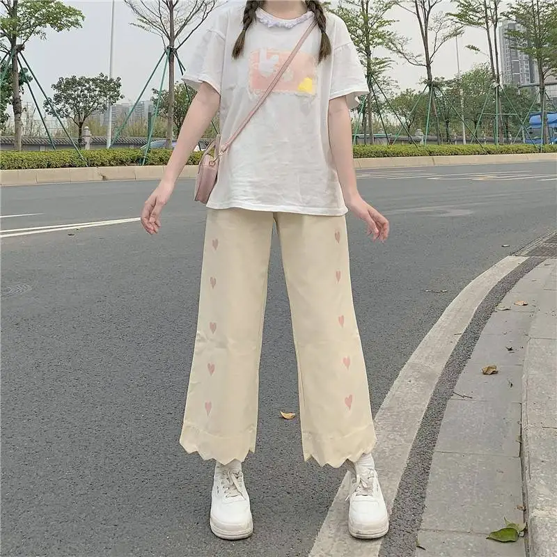 Pantalon Harajuku Kawaii pour femmes, style japonais, mignon, taille élastique, décontracté, beige, fjsoft, fille, surdimensionné, automne