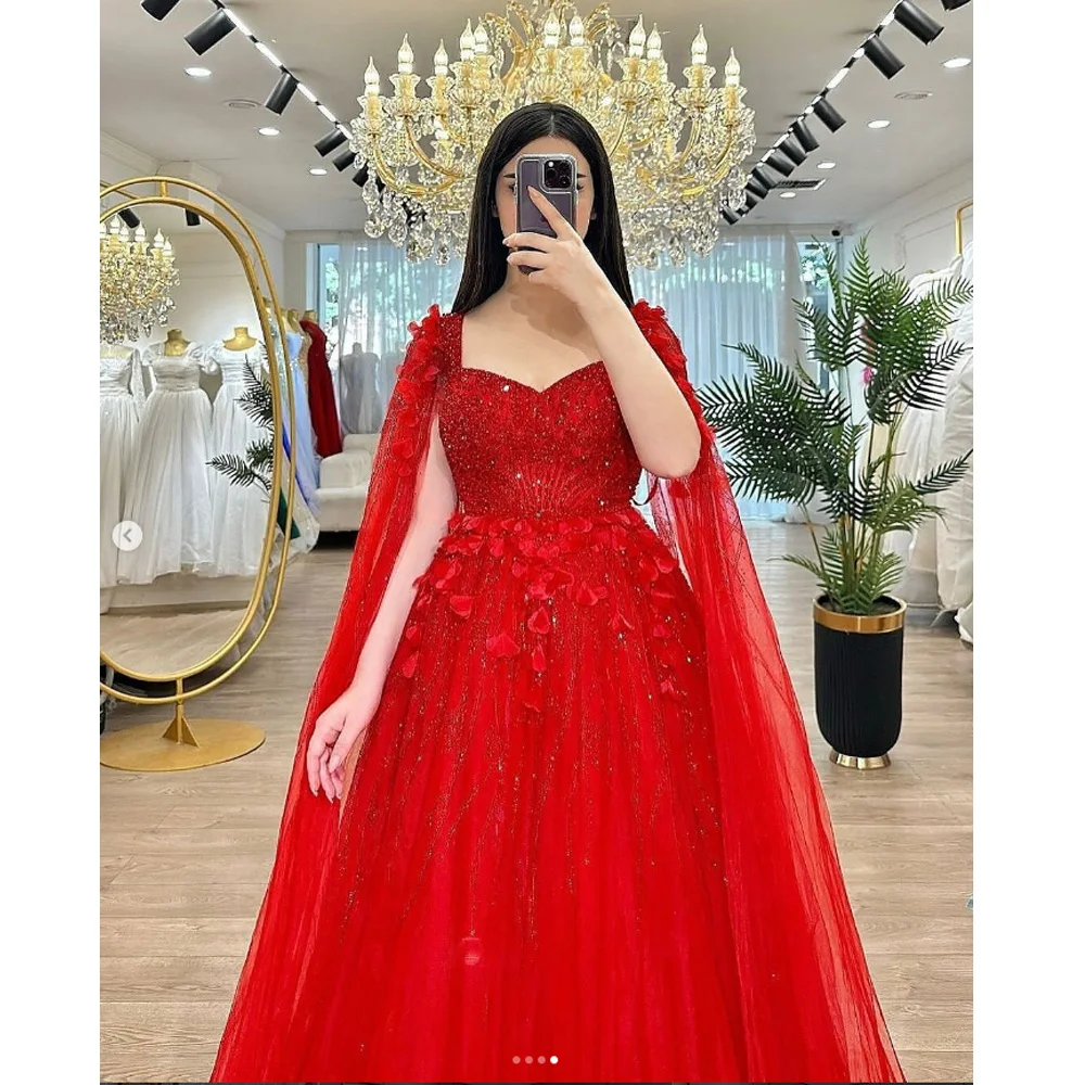 

Custom Made Red V-neck Tulle A-line Sequins Lace Cape Evening Dress Pleated A-line Maxi Length Backless Saudi Arab Gown