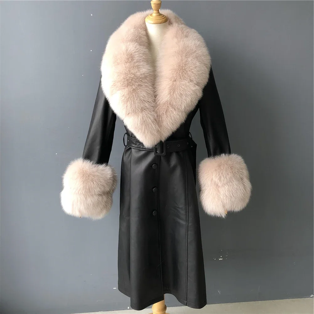 Hot Sale Fashion Women Genuine Leather Jacket With Real Fox Fur Collar Long Style Belt Design Wholesale Real Leather Trench Coat