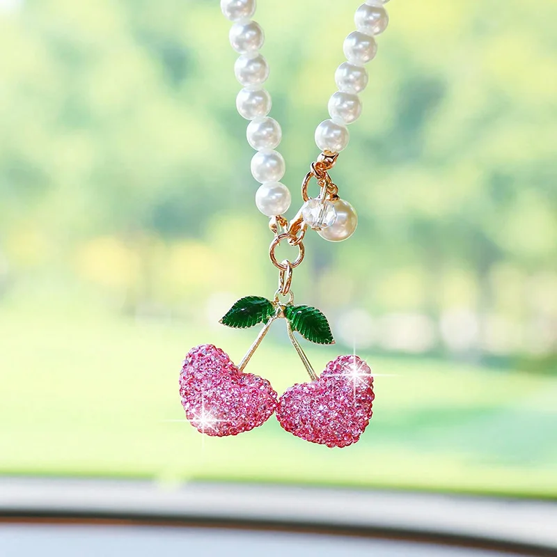 Fashion Diamond Heart-Shaped Cherry Car Pendant Luxury Diamond Pearl Chain Rear-View Mirror Decoration For Ladies