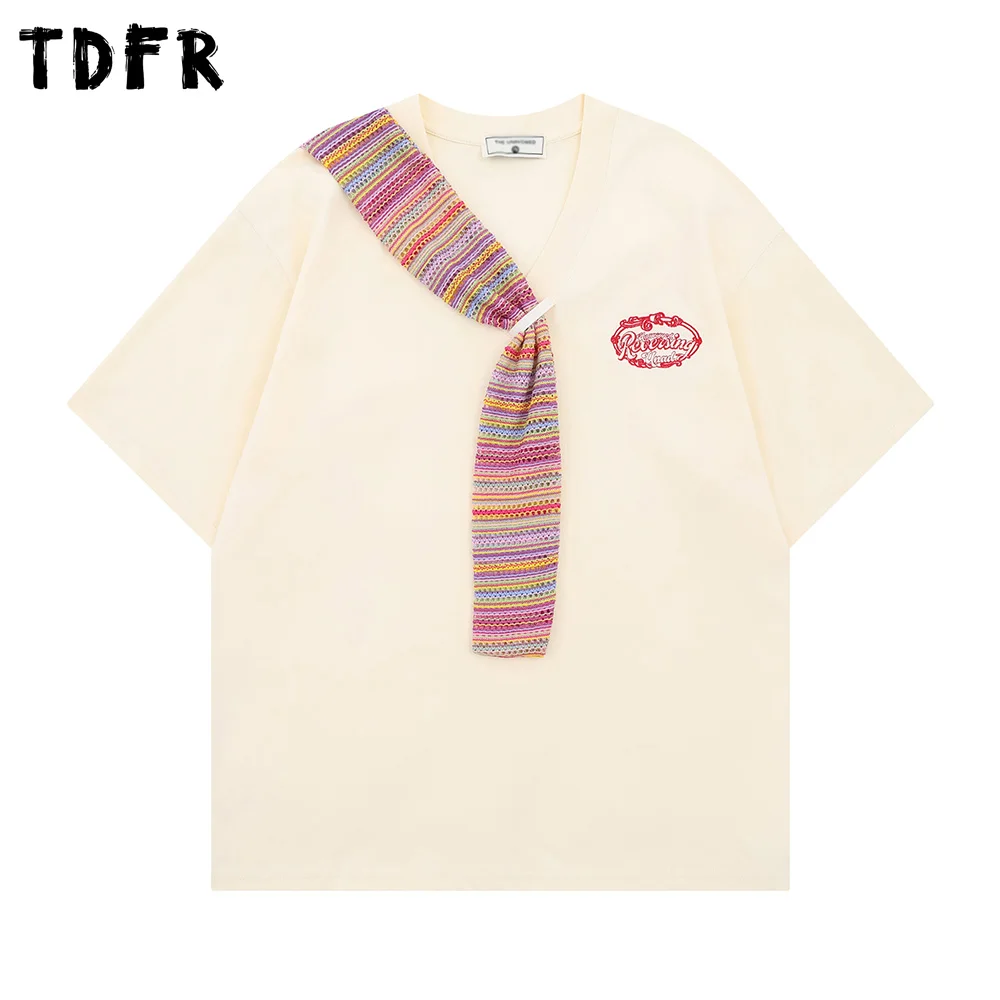 Spliced Scarf Short Sleeve T-shirt Mens Embroidery Retro Casual Loose Summer Cotton Half-Sleeve Crew Neck Tee Men