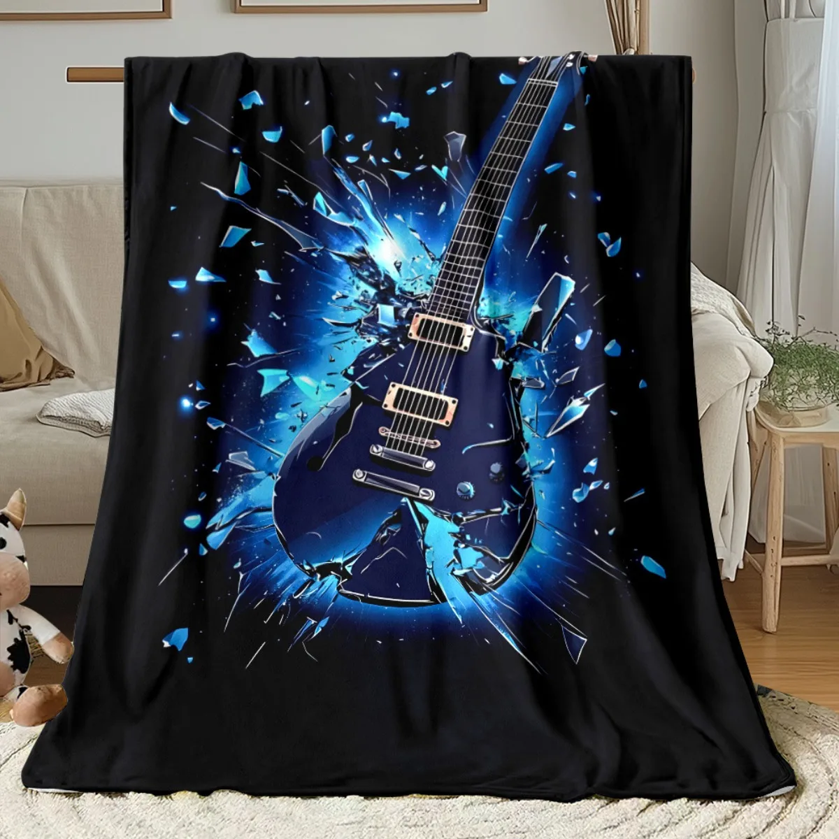 1pc Electric Blue Guitar with Splashes Design Lightweight Flannel Blanket - Soft Warm All-Season Digital Printed Throw for Sofa