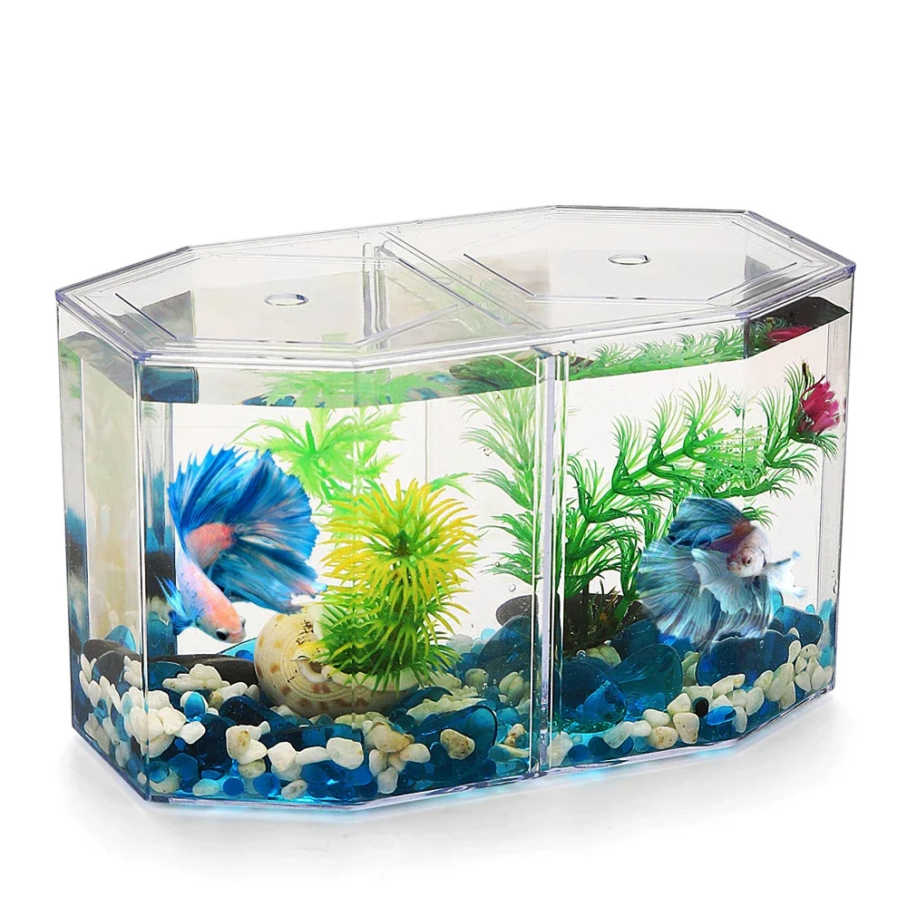 Transparent Acrylic Betta Fish Tank, Double-grid Rhombus Guppy Aquarium, Hatching and Breeding Isolation Box