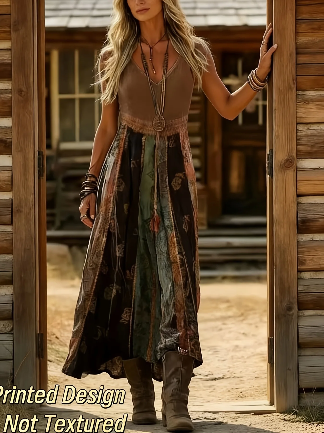 Spring and Summer Vintage Printed Bohemian Style Women's Dress/Vacation Travel/Relaxed Beach Wear/Breathable and Comfortable Fabric/Prairie/Desert/Camping/Party/Daily Wear Suitable for Multiple Occasions