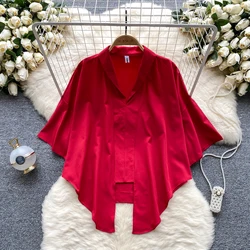 Women Chic Asymmetric Solid  Loose Tank Top Slim Basic Sexy Fashion Lapel Batwing Sleeve Top Autumn Women Blouse