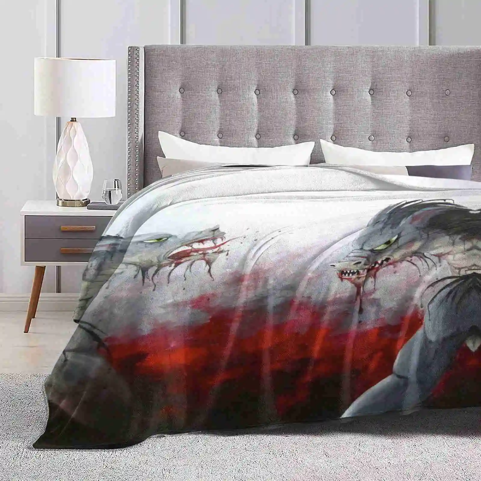 Frenzy New Print Novelty Fashion Soft Warm Blanket Acrylic 2012 Violent Bloody Teeth Scary Mouth Howl Macabre Creature Monster