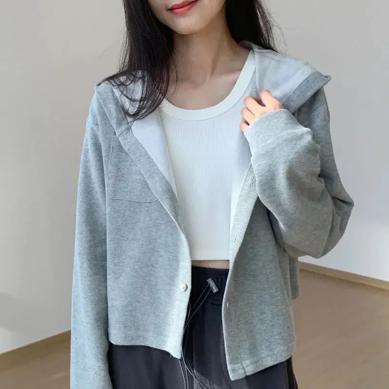 Casual Gray Short Cardigan Coats Women 2024 Korean Style Loose Long Sleeve Hoodies Woman Fashion Streetwear Pockets Purple Tops