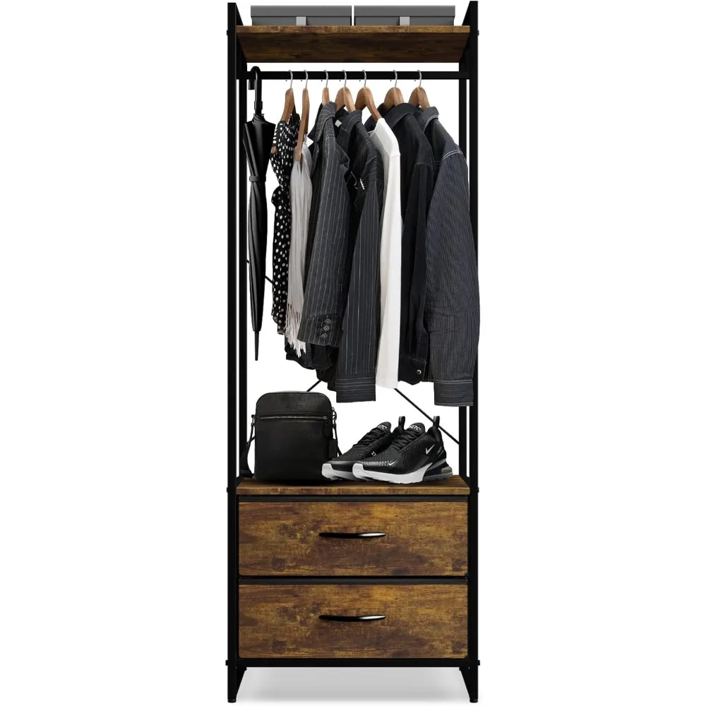 

Clothing Rack with Drawers - Clothes Stand Dresser - Wood Top, Steel Frame, & Fabric Drawers - Tall Closet Storage Organizer