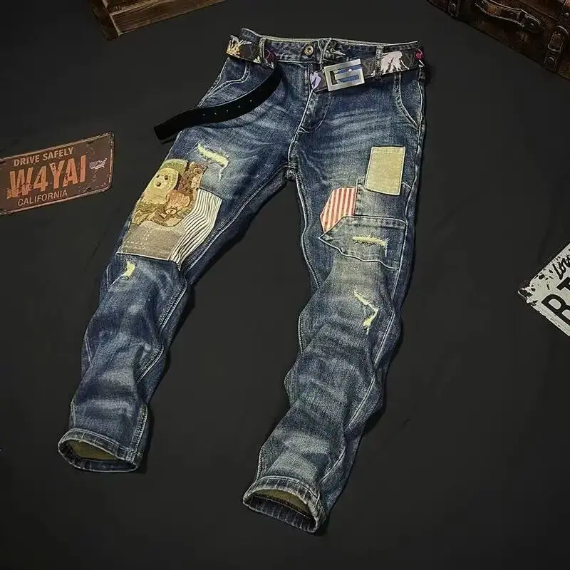 Autumn and Winter 2025 Fashion Heavy Industry Embroidery Denim Patch Trend Casual Splicing Sticker Cargo Pants Men Graphic Jeans