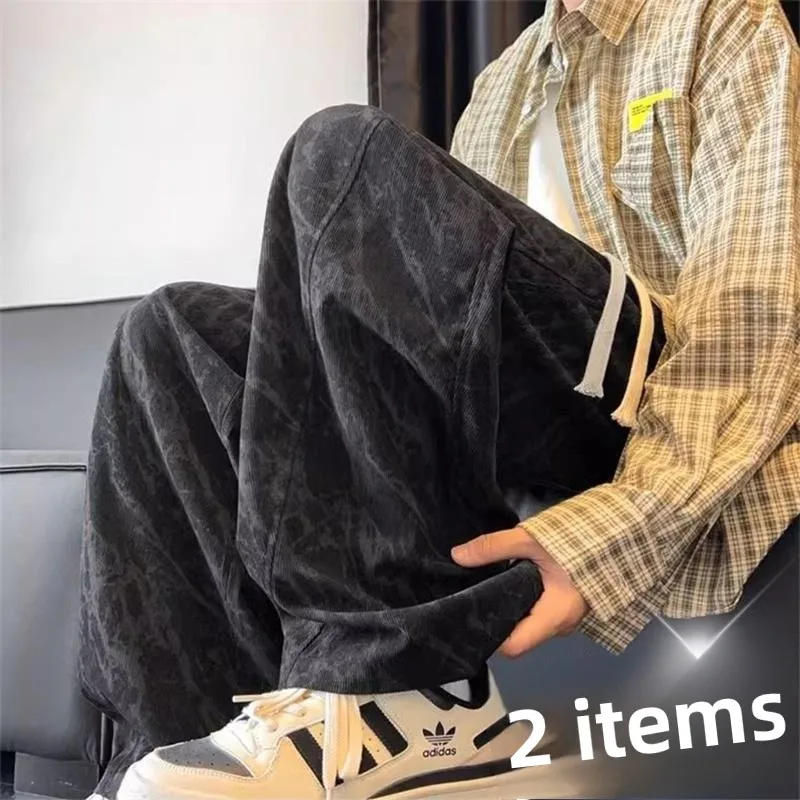 الرجال Fce اصطف السراويل الرياضية الخريف الشتاء فضفاض الخصر واسعة الساق مصبوغ السراويل عارضة مستقيم الساق السراويل ألياف البوليستر #1