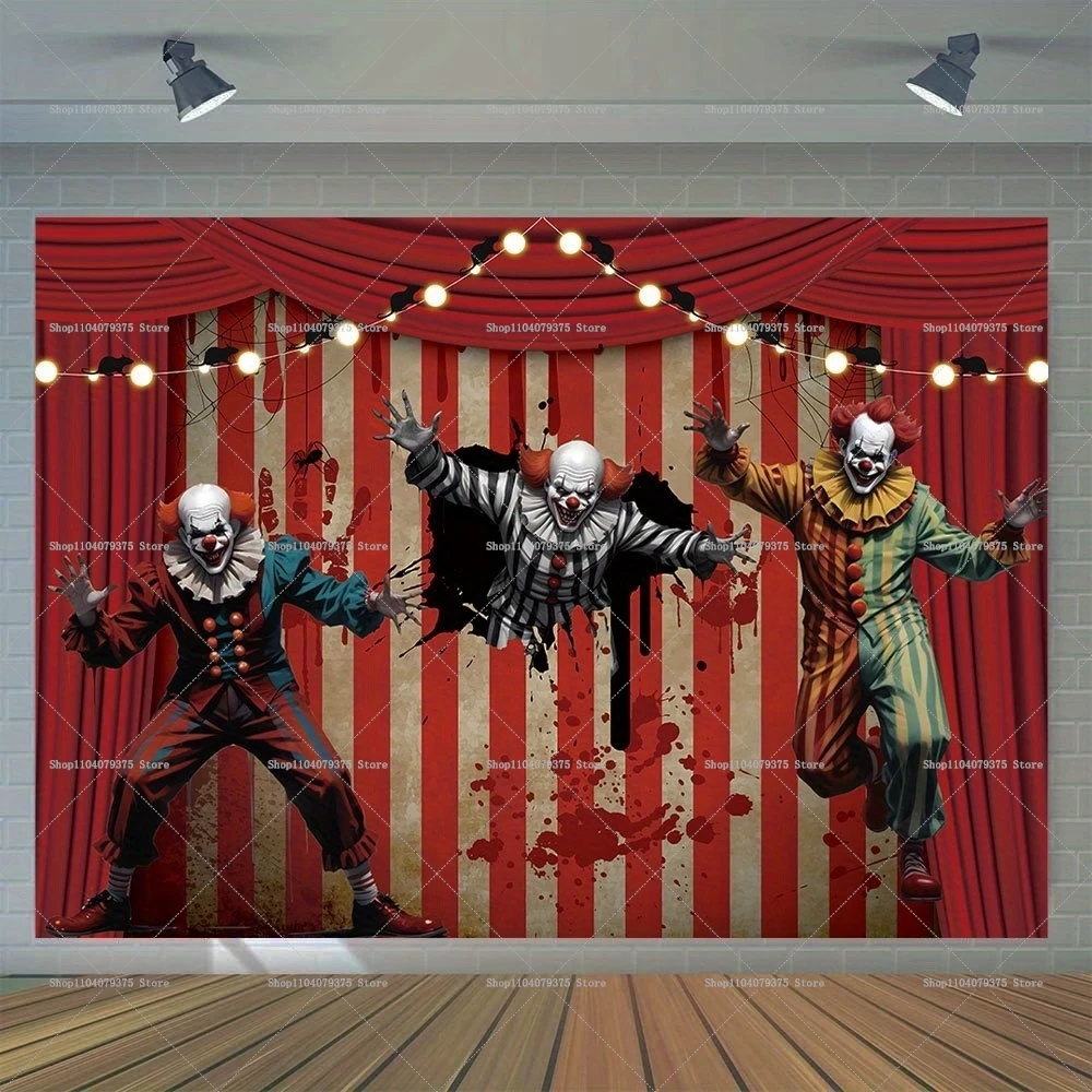 Tło fotograficzne na Halloween: klaun, cyrk, park rozrywki, rekwizyty do fotografii z dyniową główką.