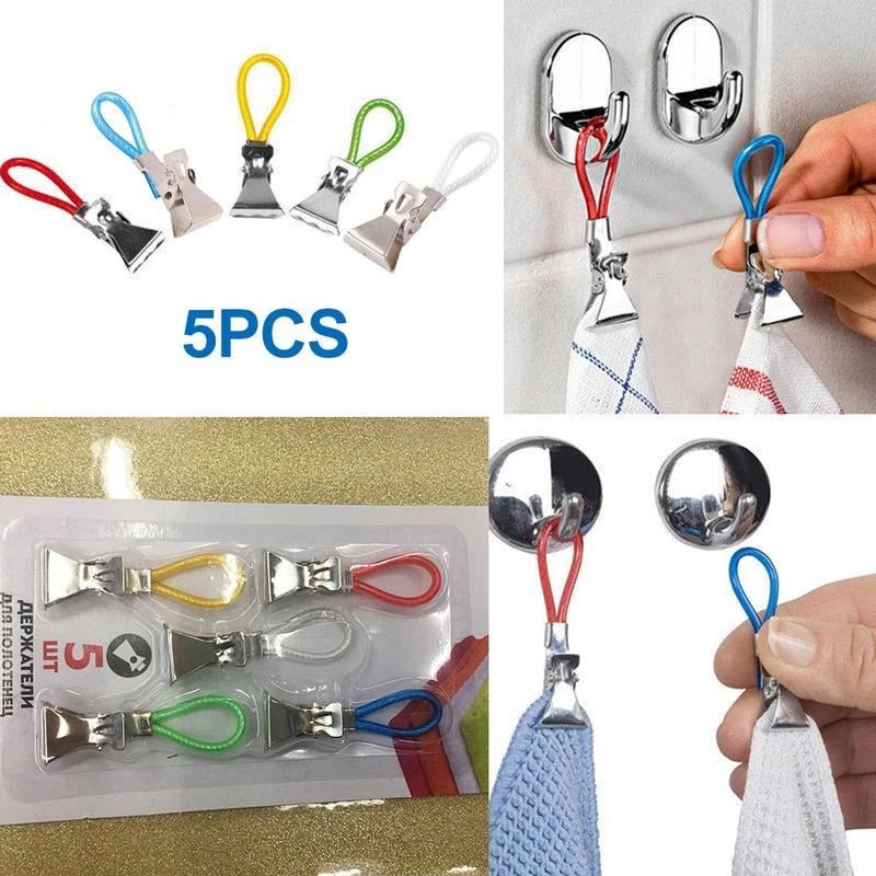 

5Pcs Tea Towel Hanging Pliers Clip on Hooks Loop Multifunction Cloth Peg Shirt Folder