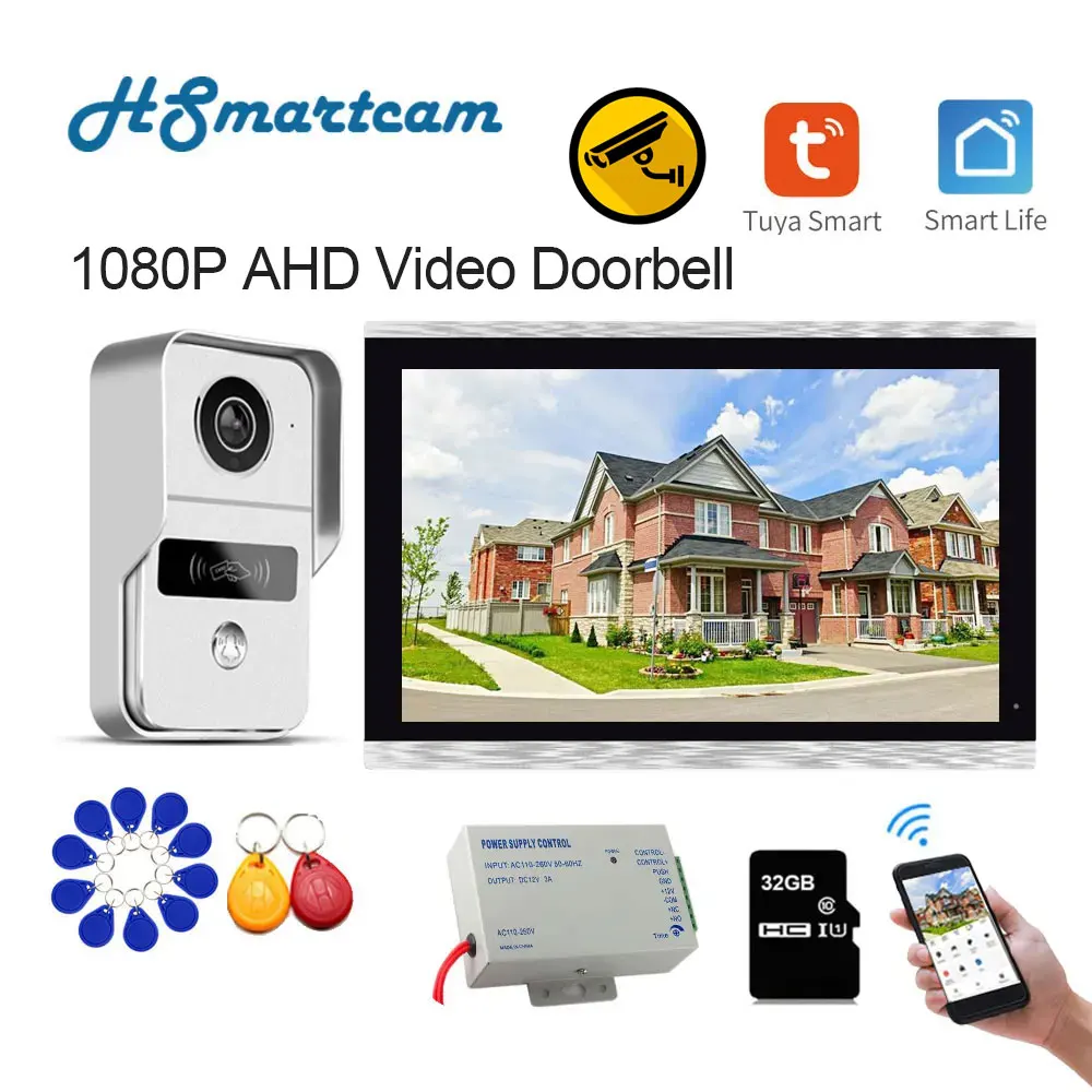 New 10 Inch Tuya 1080P Color Touch Screen Wireless Wifi Video Doorbell Smart APP Home Intercom for RFID Access Control System