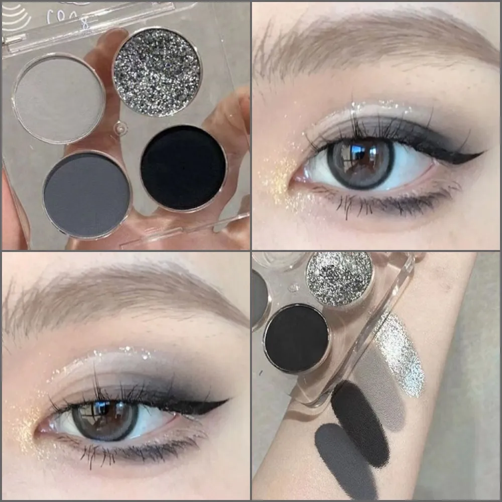 Black Punk Smoked 4Color Eyeshadow Metal Silver Gray Pearl Matte Cement Black Eye Pigment Makeup Halloween Ins Eyeshadow Palette