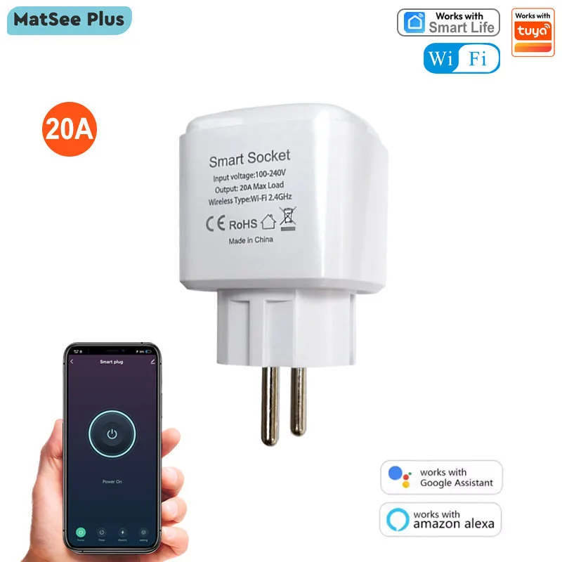 

Умная Wi-Fi розетка Smart Life 20А (европейская, французская вилка) с дистанционным управлением через приложение, таймером и мониторингом энергопотребления, поддержка Google Home и Alexa, AC100-240В