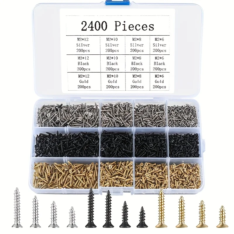 2400 Stück selbstschneidende Miniatur-Schrauben, M2-Holzschrauben, Kreuzschlitzschrauben, Flachkopfschrauben, Gold, Schwarz, Silber-Set