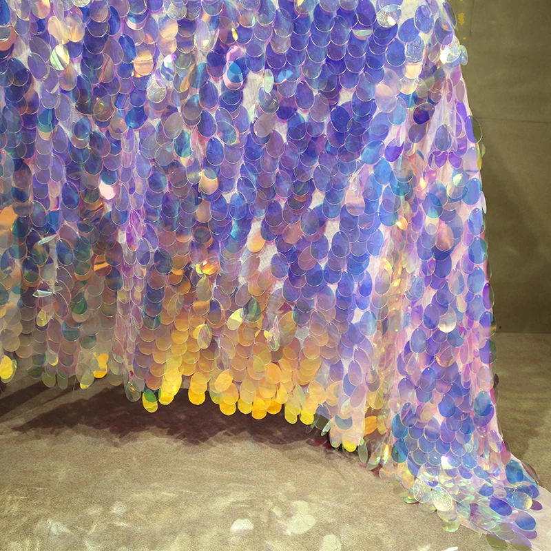 Creative Mermaid Scale Large Sequins Exaggerate Designer Fabric Laser Fantasy Mesh Dress Fabric