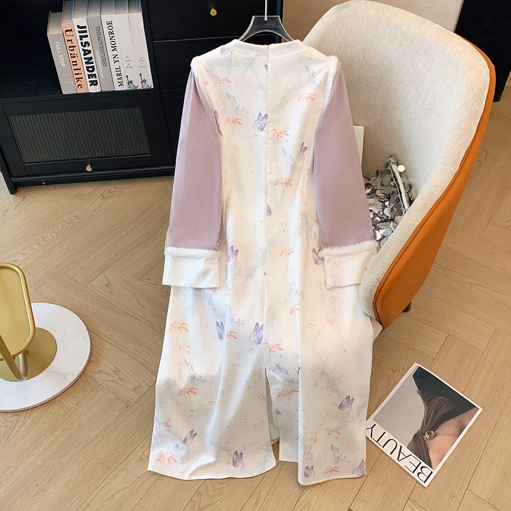 Winter plus-size women's casual relaxed thick comfortable long-sleeved Chinese cheongsam daily party fashion dress 2024 new