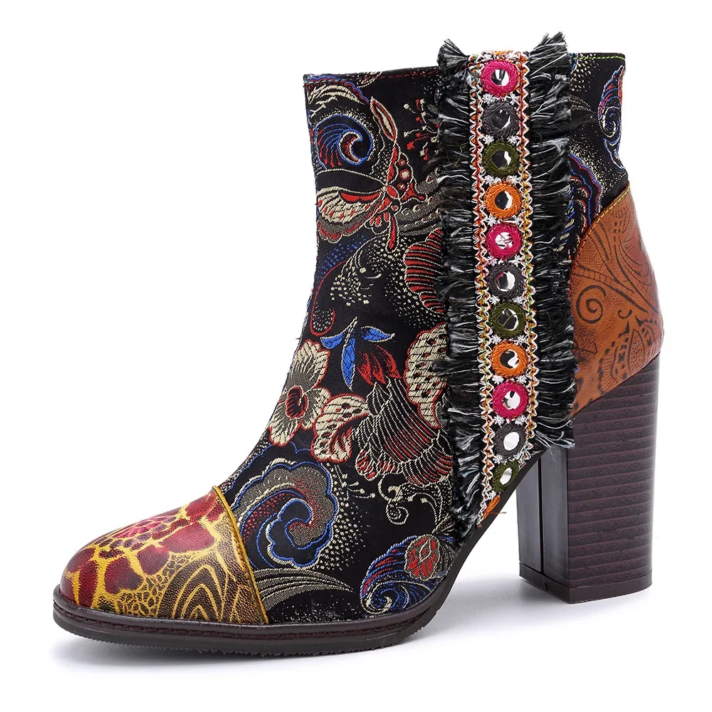 2024 New Autumn Platform Boots Genuine Leather Lace-up Women Multicolour Shoes Floral Round Toe Sewing Embossing Ankle Boots