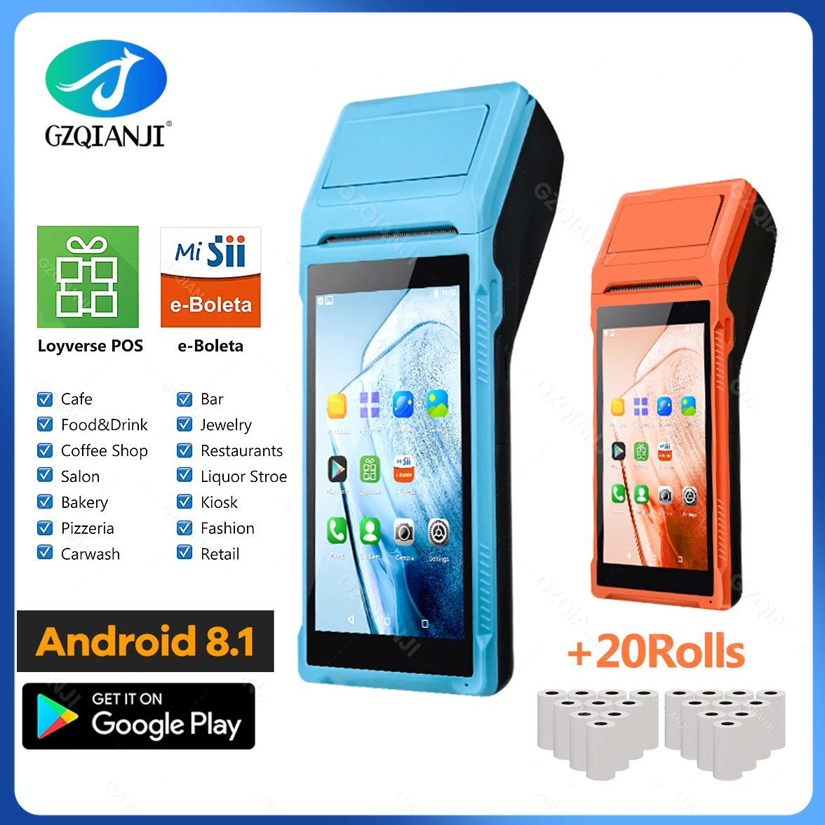 4G 3G Android 8.1 PDA POS System & 58mm Thermal Printer Bluetooth WiFi Handheld POS Terminal 5.5'' Touch Screen SII Loyverse app