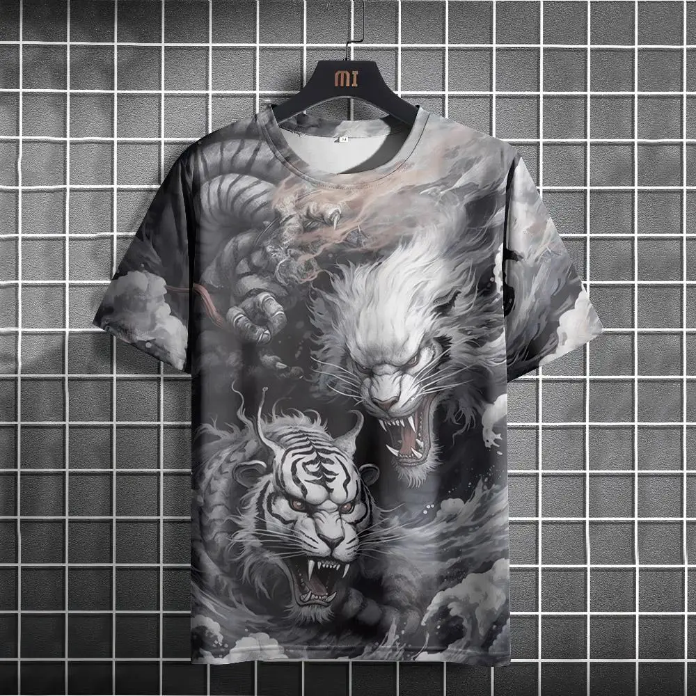 Animal T Shirt For Men Street Oversized Clothing Dragon&Tiger Pattern 3d Print Casual Summer Short Sleeve Men's T-Shirts