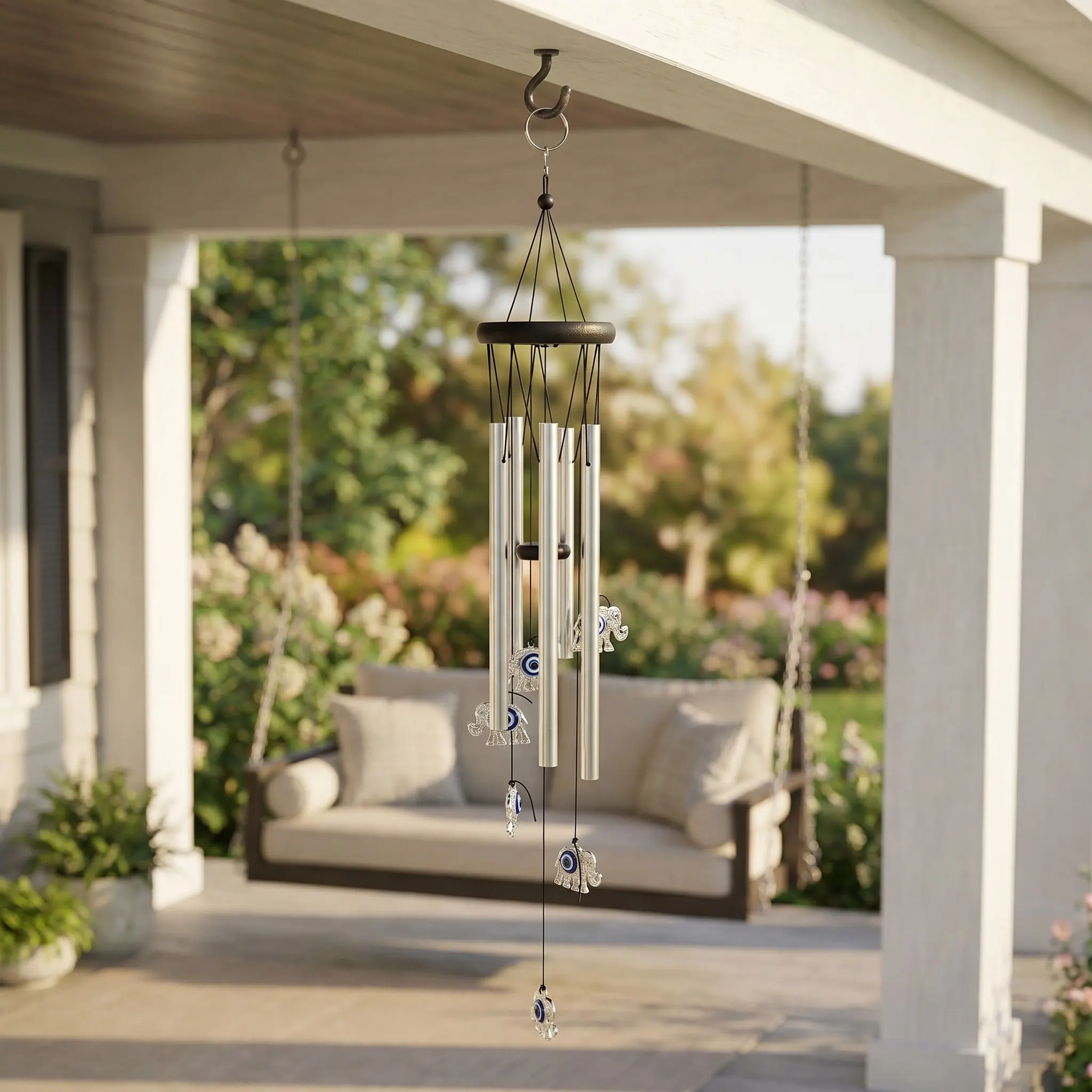 Vintage Metal Evil Eye Wind Chimes Blue Hanging Bells Pendant Porch Balcony Garden Decoration Good Luck Charm Outdoor Bell Wind