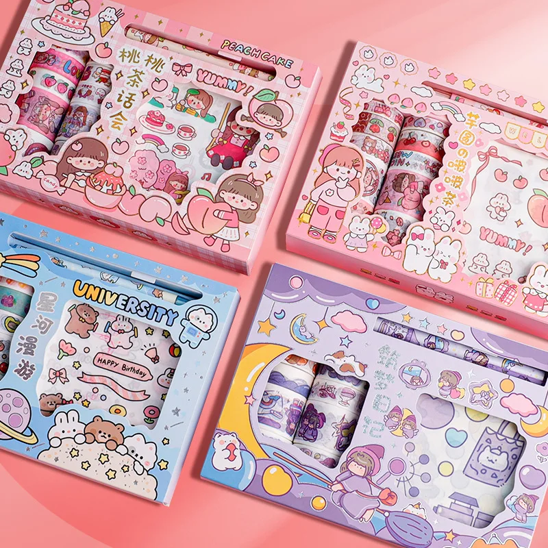 10 rollos/caja de pegatinas de cinta Washi, conjunto de cinta adhesiva Kawai colorida, pegatinas adhesivas para diario de balas para álbum de