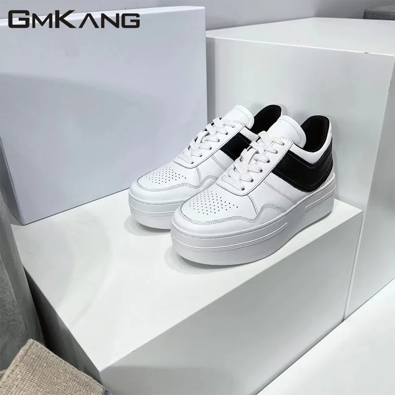 enuine Leather Sneakers Women Lace Up White Shoes Female Thick Sole Height Increasing Casual Shoes Platform Shoes Woman