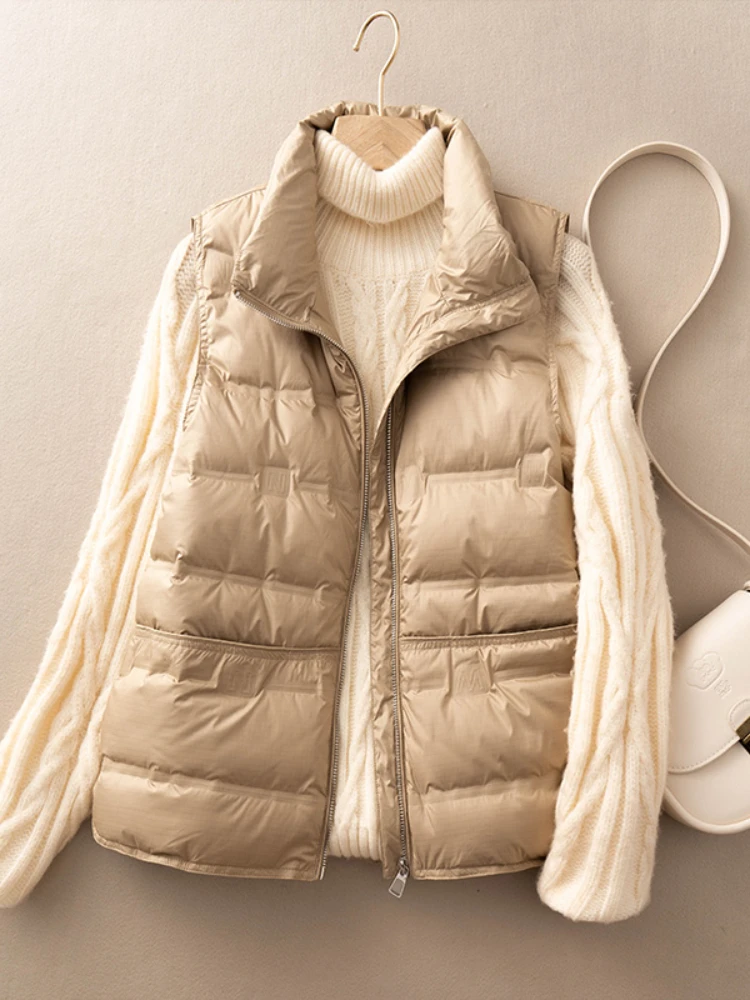 

2023 Autumn Women Ultra Light White Duck Down Vest Sleeveless Jacket Female Stand Collar Waistcoat Zipper Puffer Warm Coat