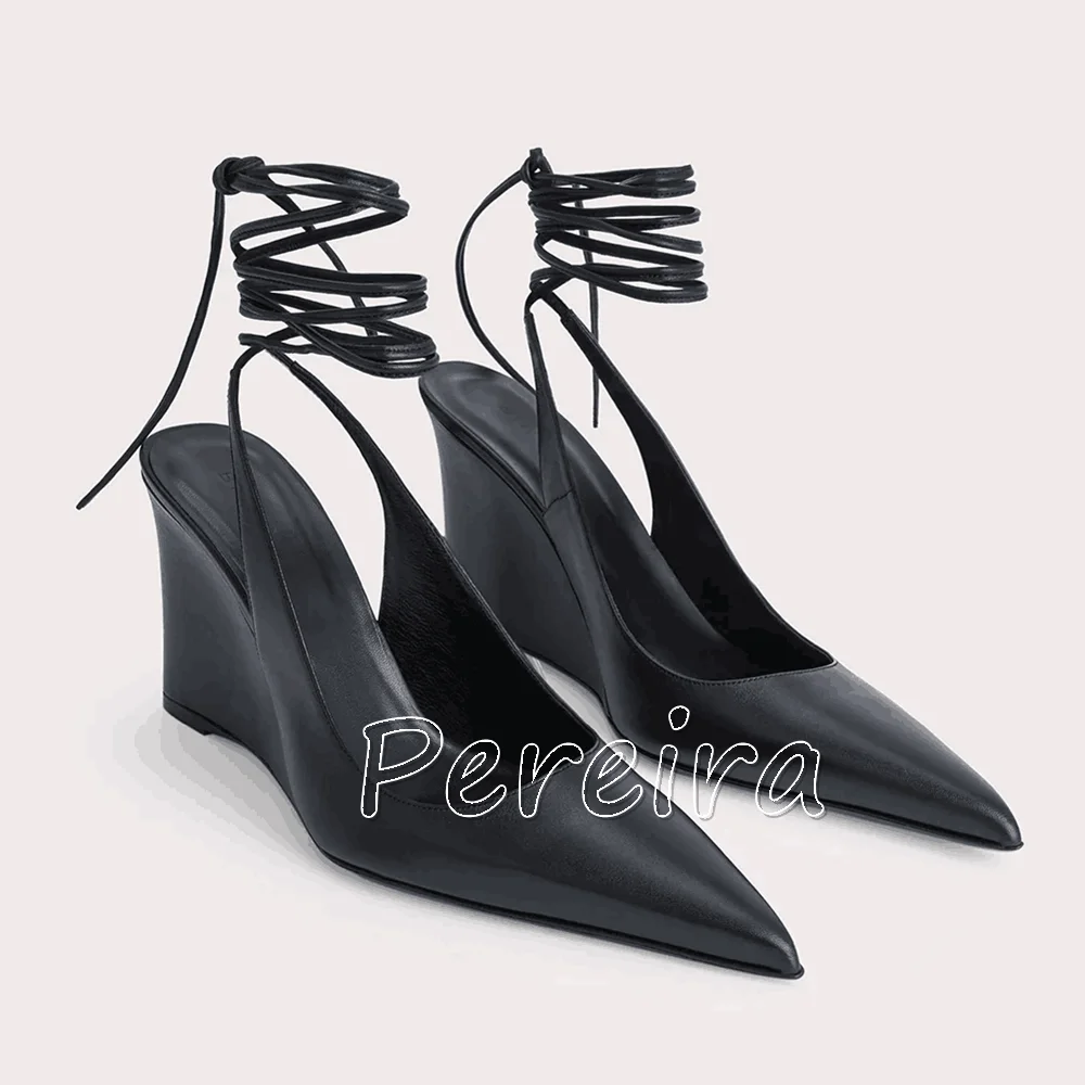 

2024 Black Leather Wedge Pumps Summer New Arrival Women's Solid Pointed Toe High-quality Fashion Comfortable Elegant Shoes