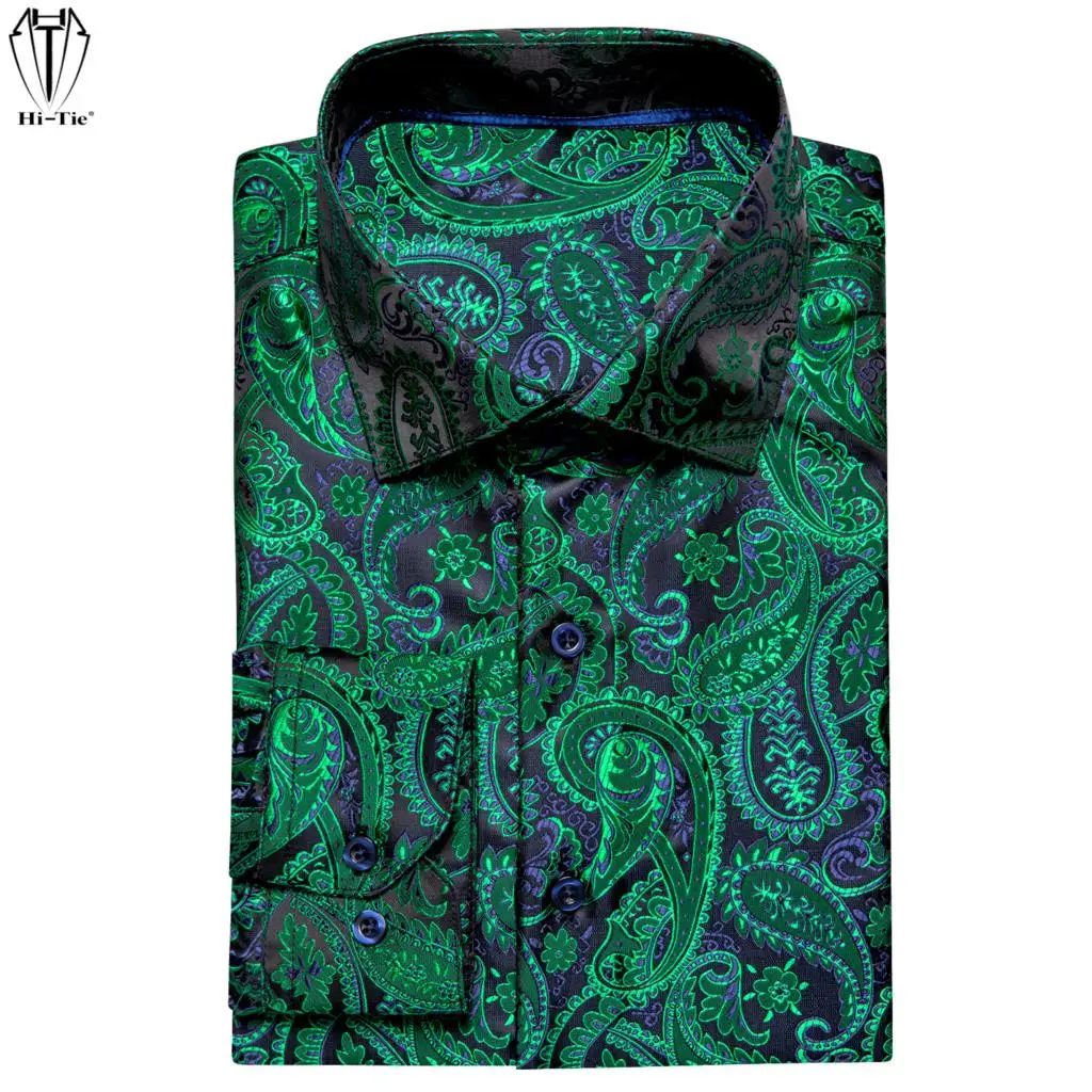 

Hi-Tie Jacquard Green Silk Men's Shirts Lapel Long Sleeve Social Shirt Soft Elegant Paisley Male Blouse Casual Wedding Business