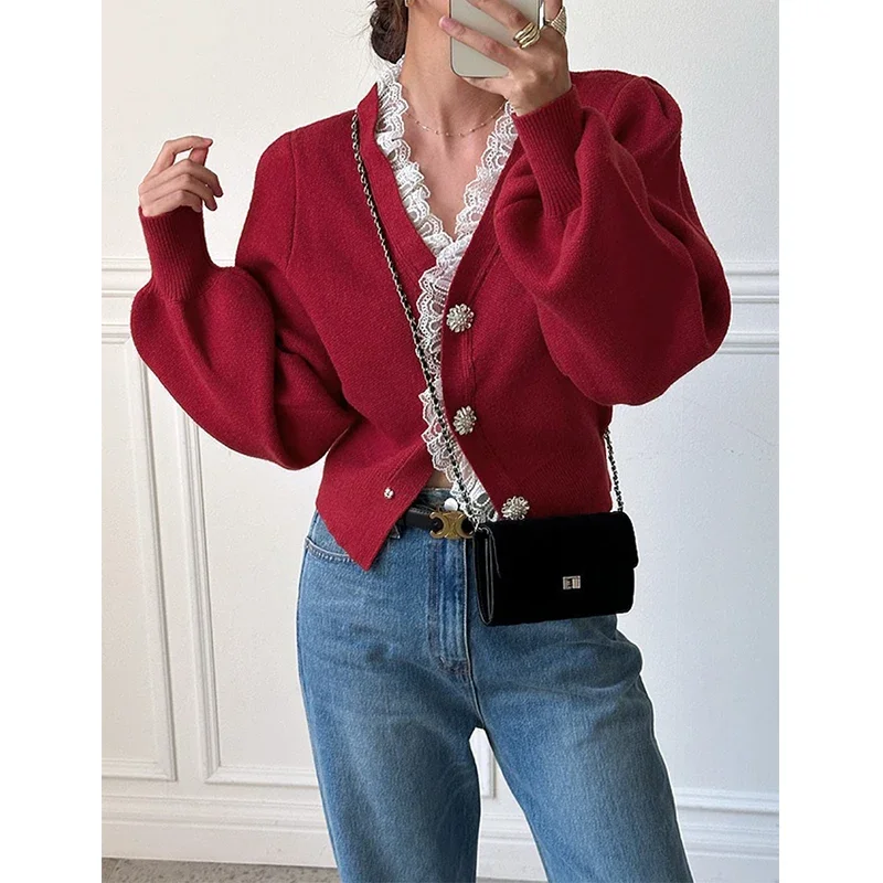 Vintage Knitted Cardigan Women Cropped Lace Black Sweater Outerwears Elegant Korean V Neck Knitwears Winter Design Jumpers