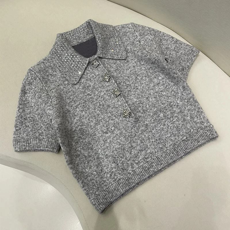 Light Grey Top 2024AW Fashion Sparkling Diamonds POLO Collar Short Sleeved Knit Cardigan Brand* Y2K Women's Clothing