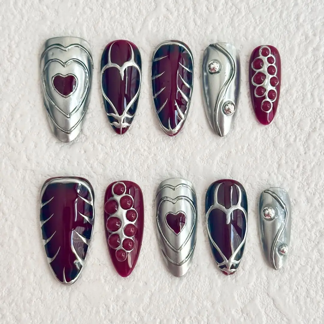 

10pcs Long Almond Handmade Press on Nails Wine Red Full Cover Nail Tip with Love Pearl Design Fake Nails Art Finished False Nail