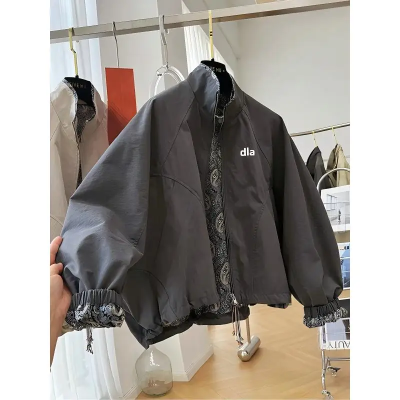 2026 New Style Women's Retro Standing Collar Work Jacket Women's Spring Fashion Short-Sleeved Sport Coat Top