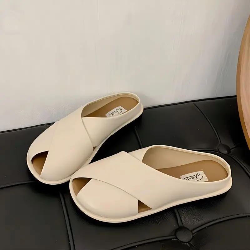 TOPHQWS Korean Fashion Women's Flat Sandals Retro Slip On Outside Slippers High Quality PU Leather Luxury Sandals Round Toe