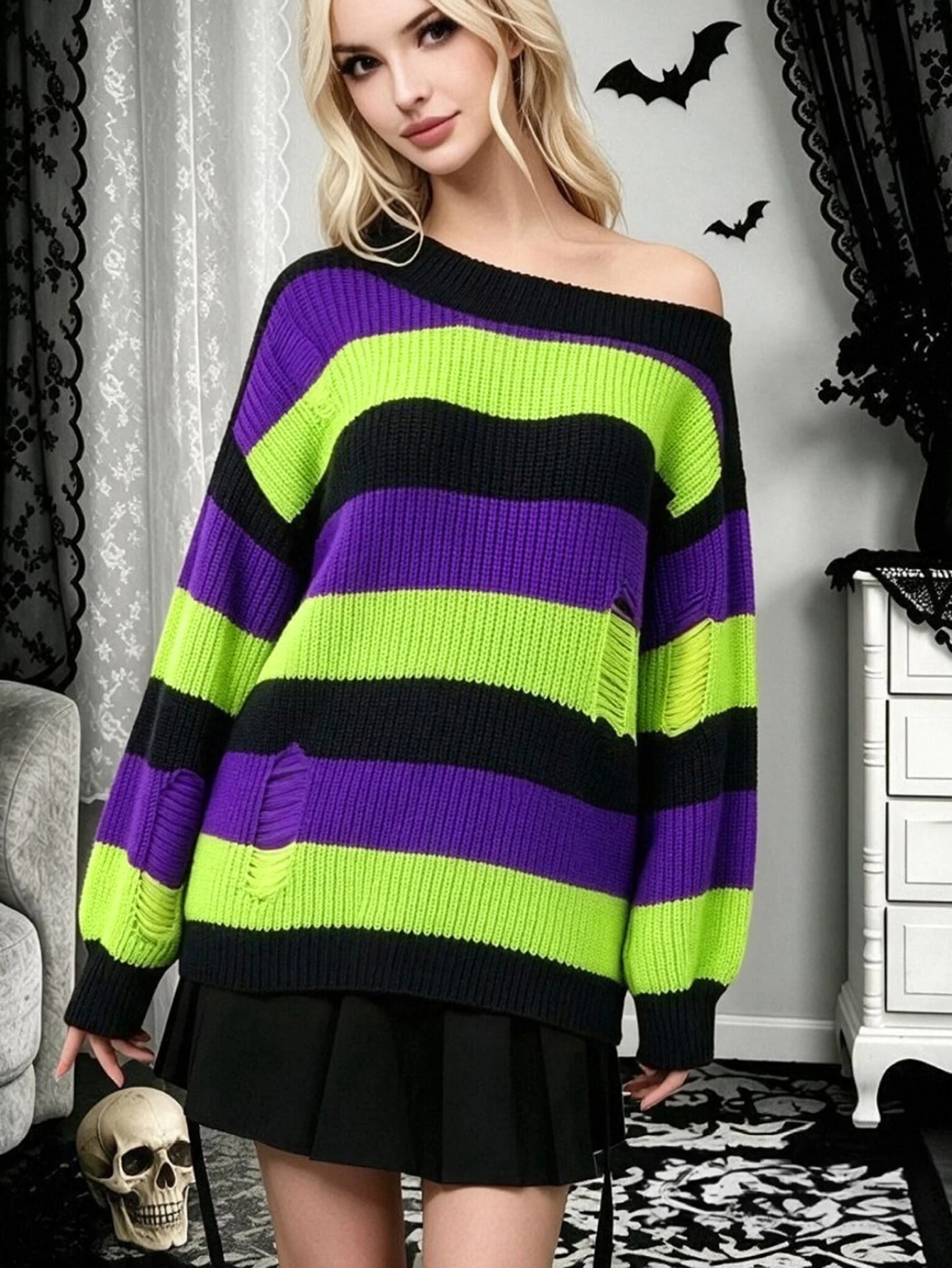 Women's Halloween Sweater Fall Winter Colorblock Striped Oversized Casual Pullover Y2K Gothic Punk Top.
