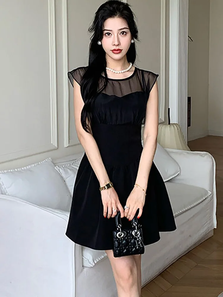 Women Korean Vintage Hepburn Luxury Dress Summer Black Patchwork Mesh Sheer Sexy Dress 2024 Elegant Bodycon Chic One Piece Dress