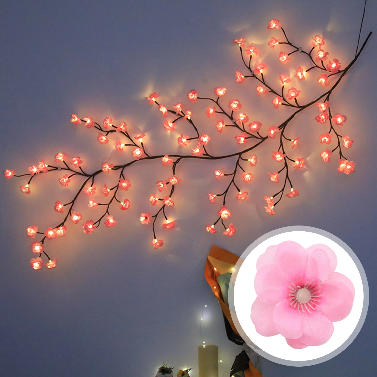 LED Sakura Hanging Wall Lamp PVC Branch Rattan Lights Multi-Purpose Cherry Blossom Atmosphere Light for Xmas Fesival Decorations