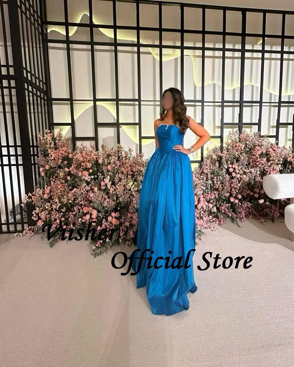 Viisher Blue A Line Evening Dresses Draped Satin Strapless Arabic Dubai Prom Party Dress with Train Women Celebrate Event Gowns