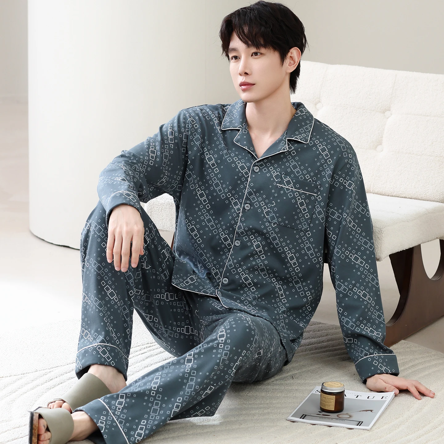 

Korean Fashion Long Nightwear for Men Big Size L-5XL Sleepwear Cardigan Pijamas Hombre for Autumn and Spring Male Loungewear